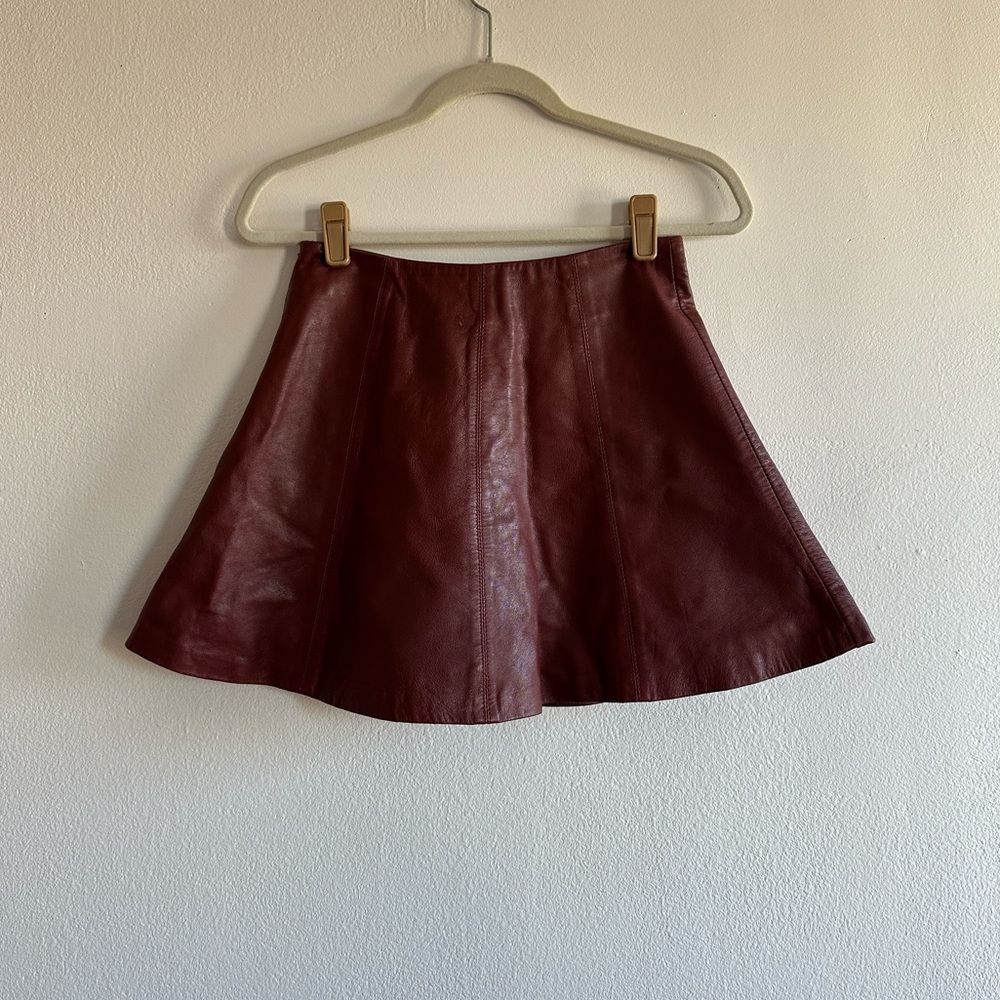 Oxblood maroon leather mini high waisted vintage a line skirt